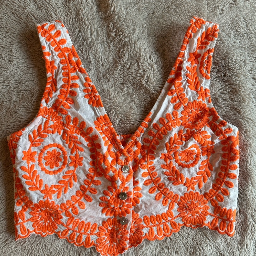 Anthropologie Embroidered Orange and White Tank Top